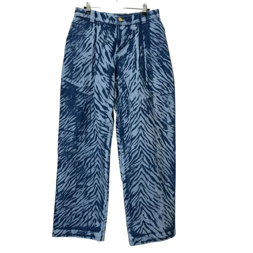 Big Bud Press Mid Rise Trousers‎ Women's XXS Blue Tiger Print Cotton Streetwear